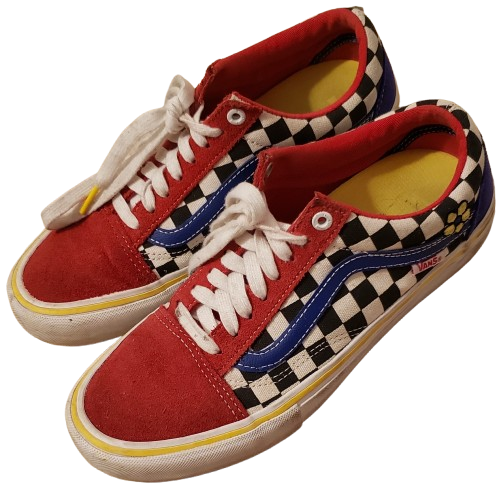 red, blue, and yellow vans