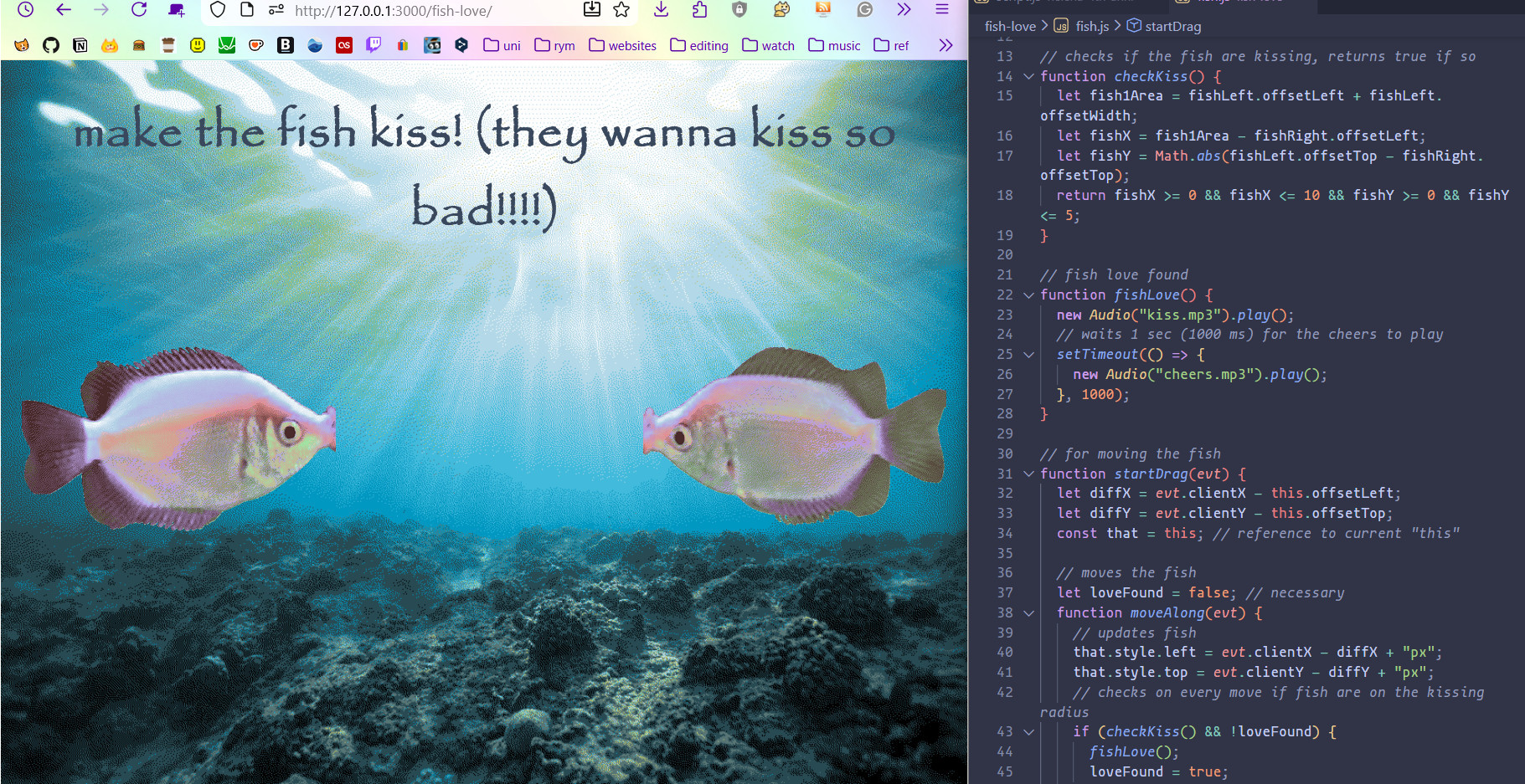 screenshot of the fish love next to some javascript code