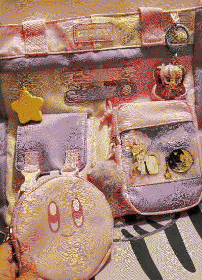 pink, purple, and white totebag. it is kirby theme.