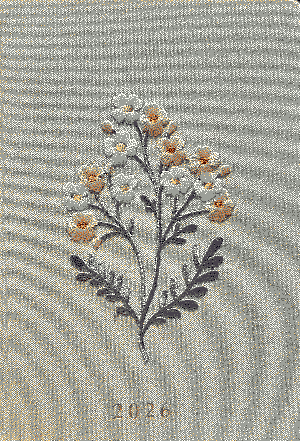 cover of a planner, says 2026, it is a pattern on flowers stiched to the cover