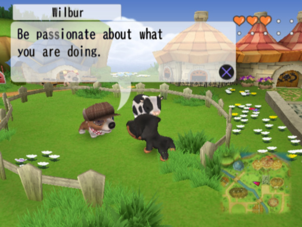 screenshot of the dog island on ps2. a dog named wilbur saying be passionate about what you are doing