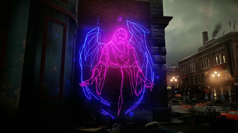 neon art of a person in robes with wings