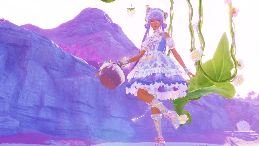 nikki with a purple frilly outfit