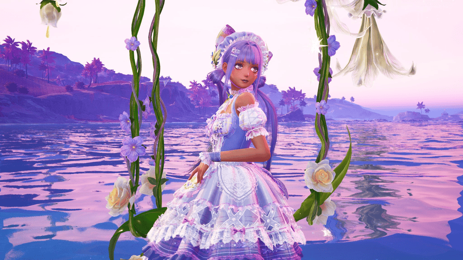 nikki with a purple frilly outfit